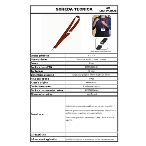 Cordoncino per portabadge DURABLE tessuto rosso 20mm x 44cm conf. 10 - 813703